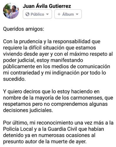 卡尔莫纳市长胡安•阿维拉在社交媒体上公开质问当地司法机构(来源：胡安•阿维拉Twitter账户)
