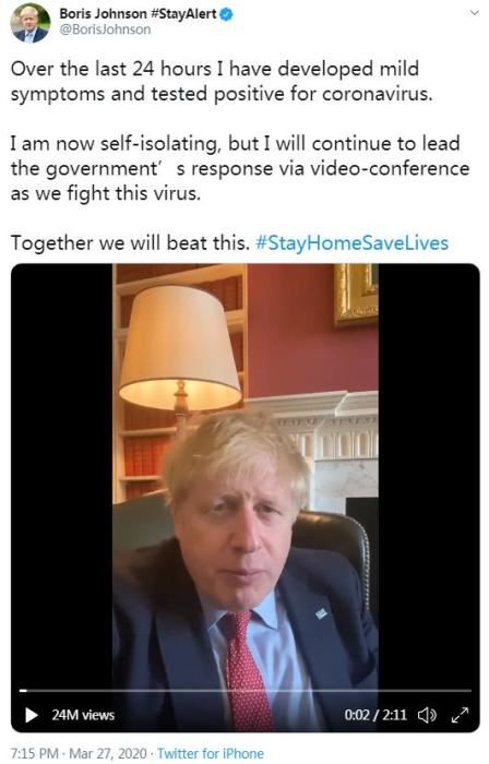英国首相约翰逊社交网络官方账号截图。