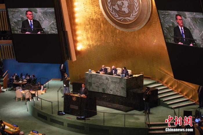 当地时间9月20日，巴西总统博索纳罗在第77届联合国大会上发言。 <a target='_blank' href='/'>中新社</a>记者 王帆 摄
